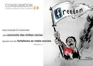 CONSUMIDOR
  C O M P O RTA M E N TO D E C O M P R A   2.0




essa revolução foi ocasionada

pela ascensão         das mídias socias

que por sua vez   fortaleceu as redes sociais.
                                           Kotler (2010, p. 7)
 