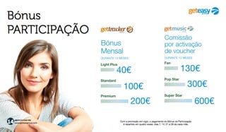 Bónus
PARTICIPAÇÃO
Com a promoção em vigor, o pagamento do Bónus de Participação
é repartido em quatro vezes: dias 7, 14, 21 e 28 de cada mês.
agora é a sua vez
www.geteasygroup.com
Bónus
Mensal
DURANTE 12 MESES
Light Plus 68€
Standard 136€
224€Premium
600€Supreme
Comissão
por ativação
de voucher
DURANTE 12 MESES
Fan
On
Pop Star
Super Star
 