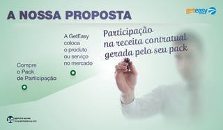 PACK DE PARTICIPAÇÃO
agora é a sua vez
www.geteasygroup.com
Obs.:
Os Pack’s da Linha de Comodato têm associado uma mensalidade de 20€, que começa a ser
cobrada após a entrega do equipamento. Este valor só é pago na aquisição do primeiro pacote.
Os seguintes pacotes adquiridos não tem mensalidade associada.
360€
Light Plus
90 pontos
GEOLOCALIZADORES5
USO PESSOAL1
COMODATO4
Linha de Comodato
720€
Standard
180 pontos
GEOLOCALIZADORES11
USO PESSOAL1
COMODATO10
Linha de Comodato
1.200€
Premium
300 pontos
GEOLOCALIZADORES21
USO PESSOAL1
COMODATO20
Linha de Comodato
3.200€
Supreme
800 pontos
GEOLOCALIZADORES61
USO PESSOAL
COMODATO60
Linha de Comodato
1
180€
Light
45 pontos
GEOLOCALIZADOR1
USO PESSOAL1
Adesão Simples
 