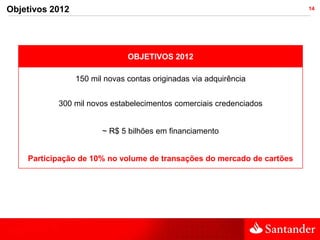 Objetivos 2012                                                          14




                               OBJETIVOS 2012

                 150 mil novas contas originadas via adquirência


           300 mil novos estabelecimentos comerciais credenciados


                        ~ R$ 5 bilhões em financiamento


    Participação de 10% no volume de transações do mercado de cartões
 