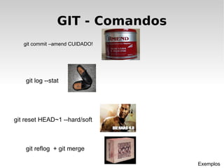 GIT - Comandos git add g it commit Identificado por um sha-1 git rm --cached git reset HEAD Exemplos git clean -f git checkout 