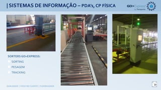 | SISTEMAS DE INFORMAÇÃO – PDA’s, CP FÍSICA
11
QUALIDADE	|	FOCO	NO	CLIENTE	|	FLEXIBILIDADE
SORTERS GO>EXPRESS:
SORTING
PESAGEM
TRACKING
 