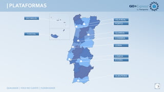| PLATAFORMAS
3
QUALIDADE	|	FOCO	NO	CLIENTE	|	FLEXIBILIDADE
LISBOA
PORTO
COIMBRA
GUARDA
ALBUFEIRA
LEIRIA
VILA REAL
ÉVORA
FUNCHAL
SÃO MIGUEL
 
