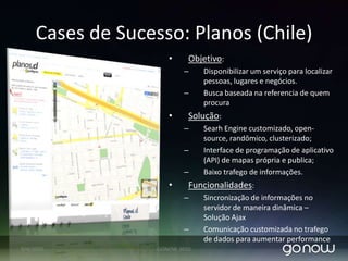 Cases de Sucesso: Amarillas (Chile)Funcionalidades: Sistema de busca diferenciado (Search Engine);Possibilidade de e-commerce, direto consumidor final – cliente;Localização através de mapas;Comunidades de discussão e recomendação;Possibilidade de post de informações, vídeos, promoções, catálogos,  cupons;Possibilidade de falar com negocio procurado via web-chat e web-talk (Talkin);07/04/2010GONOW 2010