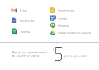 Documentos
E-mail
Planilhas
Apresentações
Agenda
Hangouts
Armazenamento de arquivos
5$
por mês por usuário
Descubra uma maneira melhor
de trabalhar por apenas
 