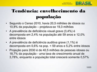 12/23 
Tendência: envelhecimento da 
população 
• Segundo o Censo 2010, havia 20,5 milhões de idosos ou 
10,8% da população – projetava-se 19,3 milhões 
• A prevalência de deficiência visual grave (3,4%) é 
decomposta em 2,4% na população até 59 anos e 12,0% 
entre idosos 
• A prevalência de deficiência auditiva grave (1,1%) é 
decomposta em 0,6% na pop. < 59 anos e 5,2% entre idosos 
• Projeção para 2030 é de 40,5 milhões de pessoas idosas ou 
18,7% da população - uma taxa de crescimento anual de 
3,78%, enquanto a população total crescerá somente 0,57% 
 