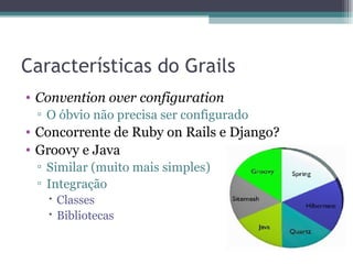 Características do Grails Convention over configuration O óbvio não precisa ser configurado Concorrente de Ruby on Rails e Django? Groovy e Java Similar (muito mais simples) Integração Classes  Bibliotecas 