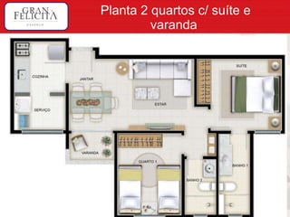 Planta 2 quartos c/ suíte e varanda  