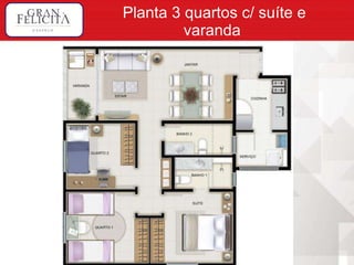 Planta 3 quartos c/ suíte e varanda  