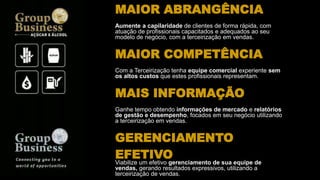 MAIOR ABRANGÊNCIA
Aumente a capilaridade de clientes de forma rápida, com
atuação de profissionais capacitados e adequados ao seu
modelo de negócio, com a terceirização em vendas.
MAIOR COMPETÊNCIA
Com a Terceirização tenha equipe comercial experiente sem
os altos custos que estes profissionais representam.
MAIS INFORMAÇÃO
Ganhe tempo obtendo informações de mercado e relatórios
de gestão e desempenho, focados em seu negócio utilizando
a terceirização em vendas.
GERENCIAMENTO
EFETIVO
Viabilize um efetivo gerenciamento de sua equipe de
vendas, gerando resultados expressivos, utilizando a
terceirização de vendas.
 