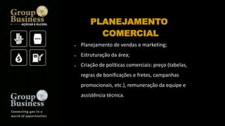  Planejamento de vendas e marketing;
 Estruturação da área;
 Criação de políticas comerciais: preço (tabelas,
regras de bonificações e fretes, campanhas
promocionais, etc.), remuneração da equipe e
assistência técnica.
PLANEJAMENTO
COMERCIAL
 