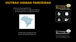 OUTRAS USINAS PARCEIRAS
Temos em nosso quadro hoje:
• 65 Usinas parceiras no segmento Açúcar;
• 52 Usinas parceiras no segmento Etanol.
Distribuídas estrategicamente
dentro do território Nacional.
 
