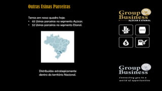Outras Usinas Parceiras
Temos em nosso quadro hoje:
• 65 Usinas parceiras no segmento Açúcar;
• 52 Usinas parceiras no segmento Etanol.
Distribuídas estrategicamente
dentro do território Nacional.
 