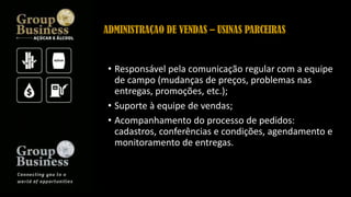 • Responsável pela comunicação regular com a equipe
de campo (mudanças de preços, problemas nas
entregas, promoções, etc.);
• Suporte à equipe de vendas;
• Acompanhamento do processo de pedidos:
cadastros, conferências e condições, agendamento e
monitoramento de entregas.
ADMINISTRAÇAO DE VENDAS – USINAS PARCEIRAS
 