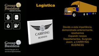 Logística
Devido a esta importância,
demonstrada anteriormente,
resolvemos
Expandir nossos
Departamentos, Surgindo
assim, a CARRYING
BUSINESS
 