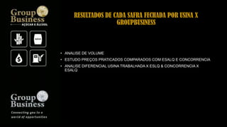 RESULTADOS DE CADA SAFRA FECHADA POR USINA X
GROUPBUSINESS
• ANALISE DE VOLUME
• ESTUDO PREÇOS PRATICADOS COMPARADOS COM ESALQ E CONCORRENCIA
• ANALISE DIFERENCIAL USINA TRABALHADA X ESLQ & CONCORRENCIA X
ESALQ
 