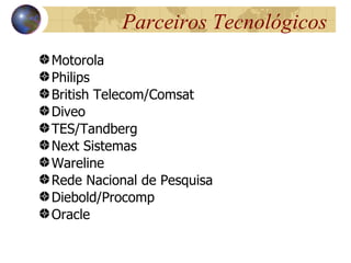 Parceiros Tecnológicos
Motorola
Philips
British Telecom/Comsat
Diveo
TES/Tandberg
Next Sistemas
Wareline
Rede Nacional de Pesquisa
Diebold/Procomp
Oracle
 