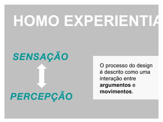 HOMO EXPERIENTIA SENSAÇÃO PERCEPÇÃO O processo do design é descrito como uma interação entre  argumentos  e  movimentos . 