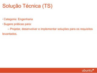 Solução Técnica (TS) Categoria: Engenharia Sugere práticas para: – Projetar, desenvolver e implementar soluções para os requisitos levantados. 