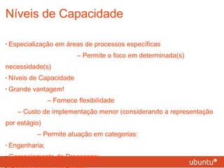 Níveis de Capacidade Especialização em áreas de processos específicas   – Permite o foco em determinada(s) necessidade(s) Níveis de Capacidade Grande vantagem!   – Fornece flexibilidade   – Custo de implementação menor (considerando a representação por estágio)   – Permite atuação em categorias: Engenharia;  Gerenciamento de Processos;  Gerenciamento de Projeto;  Suporte. 
