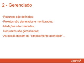 2 - Gerenciado Recursos são definidos; Projetos são planejados e monitorados; Medições são coletadas; Requisitos são gerenciados; As coisas deixam de “simplesmente acontecer”... 