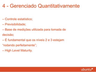 4 - Gerenciado Quantitativamente –  Controle estatístico; – Previsibilidade; – Base de medições utilizada para tomada de decisão; – É fundamental que os níveis 2 e 3 estejam “rodando perfeitamente”; – High Level Maturity. 