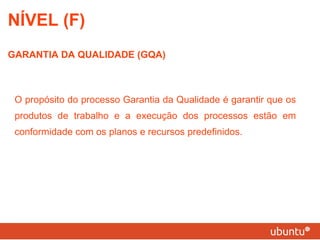 O propósito do processo Garantia da Qualidade é garantir que os produtos de trabalho e a execução dos processos estão em conformidade com os planos e recursos predefinidos. NÍVEL (F) GARANTIA DA QUALIDADE (GQA) 