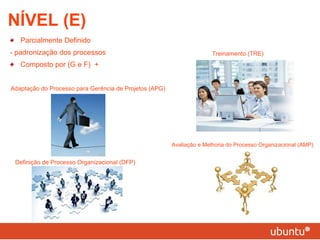 Parcialmente Definido - padronização dos processos Composto por (G e F)  + NÍVEL (E) Adaptação do Processo para Gerência de Projetos (APG) Treinamento (TRE) Definição de Processo Organizacional (DFP)  Avaliação e Melhoria do Processo Organizacional (AMP)  