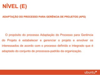 NÍVEL (E) ADAPTAÇÃO DO PROCESSO PARA GERÊNCIA DE PROJETOS (APG) O propósito do processo Adaptação do Processo para Gerência do Projeto é estabelecer e gerenciar o projeto e envolver os interessados de acordo com o processo definido e integrado que é adaptado do conjunto de processos-padrão da organização. 
