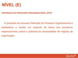NÍVEL (E) DEFINIÇÃO DO PROCESSO ORGANIZACIONAL (DFP) O propósito do processo Definição do Processo Organizacional é estabelecer e manter um conjunto de ativos dos processos organizacionais usável e aplicável às necessidades de negócio da organização. 