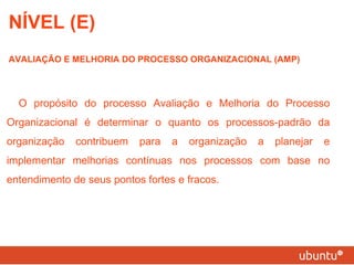 NÍVEL (E) AVALIAÇÃO E MELHORIA DO PROCESSO ORGANIZACIONAL (AMP) O propósito do processo Avaliação e Melhoria do Processo Organizacional é determinar o quanto os processos-padrão da organização contribuem para a organização a planejar e implementar melhorias contínuas nos processos com base no entendimento de seus pontos fortes e fracos. 