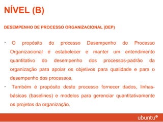 NÍVEL (B) DESEMPENHO DE PROCESSO ORGANIZACIONAL (DEP) O propósito do processo Desempenho do Processo Organizacional é estabelecer e manter um entendimento quantitativo do desempenho dos processos-padrão da organização para apoiar os objetivos para qualidade e para o desempenho dos processos.  Também é propósito deste processo fornecer dados, linhas-básicas (baselines) e modelos para gerenciar quantitativamente os projetos da organização. 