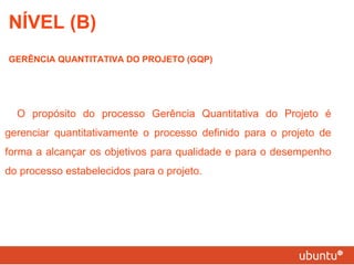 NÍVEL (B) GERÊNCIA QUANTITATIVA DO PROJETO (GQP) O propósito do processo Gerência Quantitativa do Projeto é gerenciar quantitativamente o processo definido para o projeto de forma a alcançar os objetivos para qualidade e para o desempenho do processo estabelecidos para o projeto. 