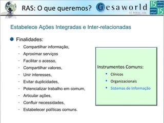 Finalidades:
‒ Compartilhar informação,
‒ Aproximar serviços
‒ Facilitar o acesso,
‒ Compartilhar valores,
‒ Unir interesses,
‒ Evitar duplicidades,
‒ Potencializar trabalho em comum,
‒ Articular ações,
‒ Confluir necessidades,
‒ Estabelecer políticas comuns.
Estabelece Ações Integradas e Inter-relacionadas
Instrumentos Comuns:
 Clínicos
 Organizacionais
 Sistemas de Informação
RAS: O que queremos?
 