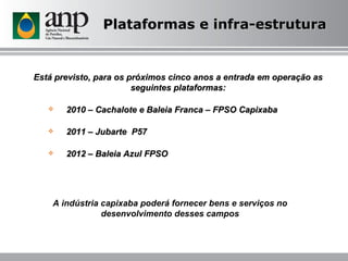 Está previsto, para os próximos cinco anos a entrada em operação as seguintes plataformas: 2010 – Cachalote e Baleia Franca – FPSO Capixaba 2011 – Jubarte  P57 2012 – Baleia Azul FPSO  A indústria capixaba poderá fornecer bens e serviços no desenvolvimento desses campos Plataformas e infra-estrutura 