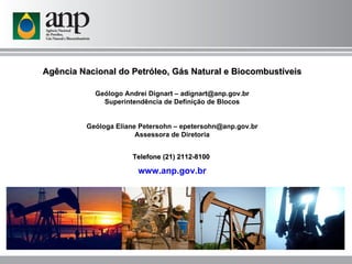 Agência Nacional do Petróleo, Gás Natural e Biocombustíveis Geólogo Andrei Dignart – adignart@anp.gov.br Superintendência de Definição de Blocos Geóloga Eliane Petersohn – epetersohn@anp.gov.br Assessora de Diretoria Telefone (21) 2112-8100  www.anp.gov.br 