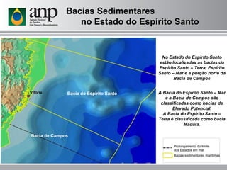 Bacia do Espírito Santo Bacia de Campos Bacias Sedimentares  no Estado do Espírito Santo No Estado do Espírito Santo estão localizadas as bacias do Espírito Santo – Terra, Espírito Santo – Mar e a porção norte da Bacia de Campos A Bacia do Espírito Santo – Mar e a Bacia de Campos são classificadas como bacias de Elevado Potencial. A Bacia do Espírito Santo – Terra é classificada como bacia Madura. 