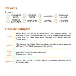 Serviços
Tipos de Soluções
Concepção:
1
5
2
6
3
7
4
8
ATENDIMENTO
E VISITA
IMPRESSÃO
OU GRAVAÇÃO
ANÁLISE DO
PROJETO
ACABAMENTO
ORÇAMENTO
MONTAGEM
FINALIZAÇÃO
ARQUIVO
INSTALAÇÃO
Produto
Substrato
Técnica
de
Imagem
Acabamento
Adesivação (vitrine, stand, balcão, tapume, entre outros), Backlight, Banners, Capa
de Antena, Empena, Envelpamento de Frota, Faixa de Gôndola, Faixas, Frontlight,
Homem Seta, Letra Caixa, Painéis, Painel Pantográfico, PDV, Placas, Sinalização,
Testeira, Totem.
ACM, Alumínio, Aço, Acrílico, Falcon Board, Foam Board, Lonas, Manta Magnética,
MDF, Papel, PETG, PS, PVC, Tecidos, Vidro, Vinil Adesivo
Impressão: UV, Látex, Solvente e Sublimação.
Gravação: Laser e Router
Corte à Laser, Costura, Dobradeira, Ilhoseira, Laminadora, Marcenaria, Router,
Serralheria e Solda.
 