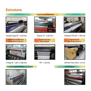 Estrutura
Impressoras Solvente
Impressora Sublimação
(impressão em tecido)
Impressora Látex
(base d’água)
Impressora UV
com branco e verniz
Ampla Targa XT - 3,20 mts
2 Roland - 1,60 e 1,80 mts HP - 1,50 mts Dilli Neo Titan 2504 - 2,5 mts
Taimes T7 - 3,20 mts 3 Roland 745 EX - 1,90 mts
Envernizadora Marabu SL 1600R Laminadora
 