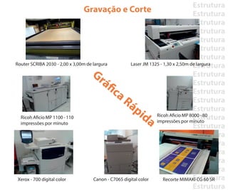 Estrutura
Estrutura
Estrutura
Estrutura
Estrutura
Estrutura
Estrutura
Estrutura
Estrutura
Estrutura
Estrutura
Estrutura
Estrutura
Estrutura
Estrutura
Estrutura
Estrutura
Estrutura
Estrutura
Estrutura
Estrutura
Estrutura
Grá
ca Rápida
Router SCRIBA 2030 - 2,00 x 3,00m de largura
Ricoh A cio MP 1100 - 110
impressões por minuto
Xerox - 700 digital color Canon - C7065 digital color
Ricoh A cio MP 8000 - 80
impressões por minuto
Recorte MIMAKI CG 60 SR
Laser JM 1325 - 1,30 x 2,50m de largura
Gravação e Corte
 