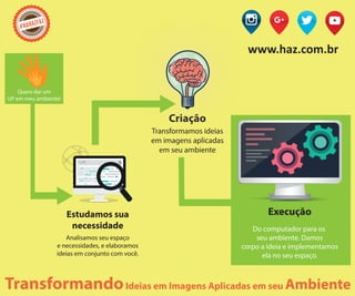 Estudamos sua
necessidade
Execução
Criação
Analisamos seu espaço
e necessidades, e elaboramos
ideias em conjunto com você.
Do computador para os
seu ambiente. Damos
corpo a ideia e implementamos
ela no seu espaço.
Transformamos ideias
em imagens aplicadas
em seu ambiente
Criação
Quero dar um
UP em meu ambiente!
#NAHAZFAZ
www.haz.com.br
TransformandoIdeias em Imagens Aplicadas em seu Ambiente
 