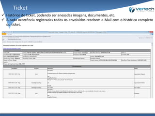 Ticket
 Histórico do ticket, podendo ser anexadas imagens, documentos, etc.
 A cada ocorrência registradas todos os envolvidos recebem e-Mail com o histórico completo
do ticket.
 