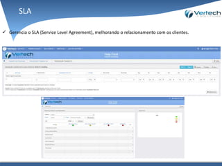  Gerencia o SLA (Service Level Agreement), melhorando o relacionamento com os clientes.
SLA
 