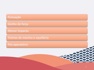 5
Flutuação
Ganho de força
Menor impacto
Treinos de marcha e equilíbrio
Pós-operatório
 