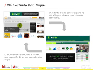 ⁄ CPC – Custo Por Clique

                                         O visitante clica no banner exposto no
                                         site afiliado e é levado para o site do
                                         anunciante.




O anunciante não remunera o afiliado
pela exposição do banner, somente pelo
clique.

                                                                             www.hi-midia.com
                                                                             RJ + 55 21 2244-8888
                                                                             SP + 55 11 4063-2650
 