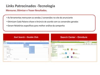 Links Patrocinados -Tecnologia
Mensurar, Otimizar e Trazer Resultados.

• As ferramentas mensuram as vendas / conversões no site do anunciante
• Otimizam Cada Palavra-chave e Anúncio de acordo com as conversões geradas
• Geram Relatórios específicos para melhor análise da campanha




        Dart Search – Double Click                       Search Center - Omniture
 