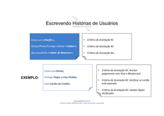 www.agilethink.com.br 
© 2015 Criação AGÊNCIA COR. Todos os direitos reservados 
Escrevendo Histórias de Usuários
Modelo De História
Como um <<Perfil>>,
Desejo/Posso/Consigo realizar <<Ação>>,
Que possibilita <<Valor de Retorno>>.
• Critério de Aceitação #1
• Critério de Aceitação #2
• Critério de Aceitação #n...
Como um Cliente,
Consigo Pagar o meu Pedido,
Com Cartão de Crédito.
EXEMPLO:
• Critério de Aceitação #1: Aceitar 
pagamento com Visa e Mastercard
• Critério de Aceitação #2: Verificar se cartão 
está expirado 
• Critério de Aceitação #3: Validar Dígito 
Verificador
 