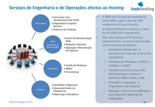 Inok Consulting (c) 2013
Serviços de Engenharia e de Operações afectos ao Hosting
Servicedesk
• Call center com
atendimento 8:30-19:00
• Diagnóstico e Suporte
Remoto
• Sistemas de Ticketing
O&M
(Operações e
Manutenção)
• Centro de Monitorização
Rede
• Resposta a Alarmes
• Operação e Manutenção
de Sistemas
Engenharia
• Gestão de Mudança
• IMACs
• Provisioning
Sistemas
• Qualidade e Segurança
• Desenvolvimento de
Plataformas
• Reporting e indicadores
• A iNOK tem 6 anos de experiência
como MSP, a gerir cerca de 200
servidores dos seus clientes.
• A disponibilidade nos últimos 2 anos
foi de 100% (zero downtime).
• Têm uma equipa de 20 técnicos
especializados nas áreas relacionadas
com os serviços propostos:
– Ambientes Datacenter: 4
técnicos com mais de 10 anos de
experiência
– Plataformas Windows: 4 MCSE +
2 MCSA + 6 MCP
– Plataformas Unix/Linux e BD:
Administradores Solaris e
RedHat e DBAs Oracle e SQL
– Firewalls e segurança: 2
Engenheiros de Sistemas
– Backups: 6 técnicos qualificados,
com mais de 2 dezenas de
instalações
10
 