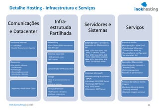 Inok Consulting (c) 2013
Detalhe Hosting - Infraestrutura e Serviços
Comunicações
e Datacenter
Backbone Internet
•3 x 100 Mbps
•Disaster Recovery com Espanha
Datacenter
•Piso técnico e Acesso
condicionado
•Climatização
•Alimentação socorrida
redundante e Gerador
•Sistema Anti-incêndio
Segurança multi-layer Cisco
Infra-
estrutuda
Partilhada
Networking
•Cisco Catalyst 6500 redundantes
•QoS Manager
Sistemas base rede
• DNS (primário e sec)
•SMTP server
Concentrador VPNs Cisco ASA
Storage
•Rede de armazenamento em
Fibra
•Robot de backups
Serviços Premium:
•Web Reports e Analytics
•Mailboxs corporativas
•Load balancer
Servidores e
Sistemas
Smart Servers – servidores
baseados em Bladesystems
HP
•Std: 1 CPU Xeon 2GHz, 1GB
RAM, 72 GB RAID, 32 bits
•Pro: 2 CPU Xeon 2GHz, 2GB
RAM, 146GB RAID, 32/64bits
•Adv: 4 CPU Xeon 2GHz, 4GB
RAM, 250 GB RAID, 64bits
Sistemas Microsoft
•Modelo renting de software
(SPLA)
•Windows 2003/2008 Server
•Exchange 2007 Server
•SQL 2005 Server
•Sharepoint 2007 Server
Serviços
Suporte e Gestão
•Recuperação a falhas 24x7
•Tolerância a falhas com
Clusters Hot stand-by
•Requisições de configuração
ou alterações 9x5
Operação e Manutenção
•Monitorização (consola) e
Alarmes (SMS)
•Patch management
•Gestão de performance
Proteção de Dados e Gestão
imagens
•Backups diários de dados
(backlog semanal)
•Cópia de imagem semanal
8
 