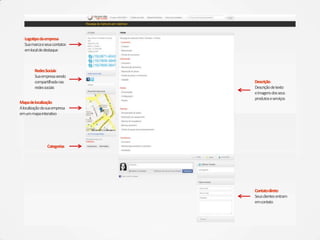 Logotipodaempresa
Suamarcaeseuscontatos
emlocaldedestaque
Contatodireto
Seusclientesentram
emcontato
RedesSociais
Suaempresasendo
compartilhadanas
redessociais
Mapadelocalização
Alocalizaçãodasuaempresa
emummapainterativo
Descrição
Descriçãodetexto
eimagensdosseus
produtoseserviços
Categorias
 